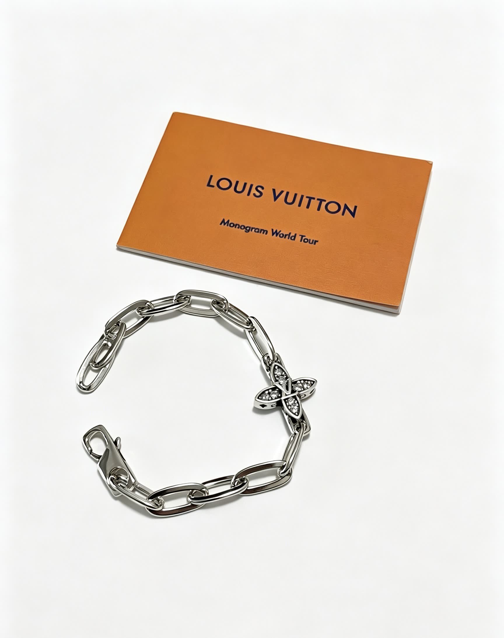 Louis Vuitton Silver Bracelet with Monogram Flower Charm